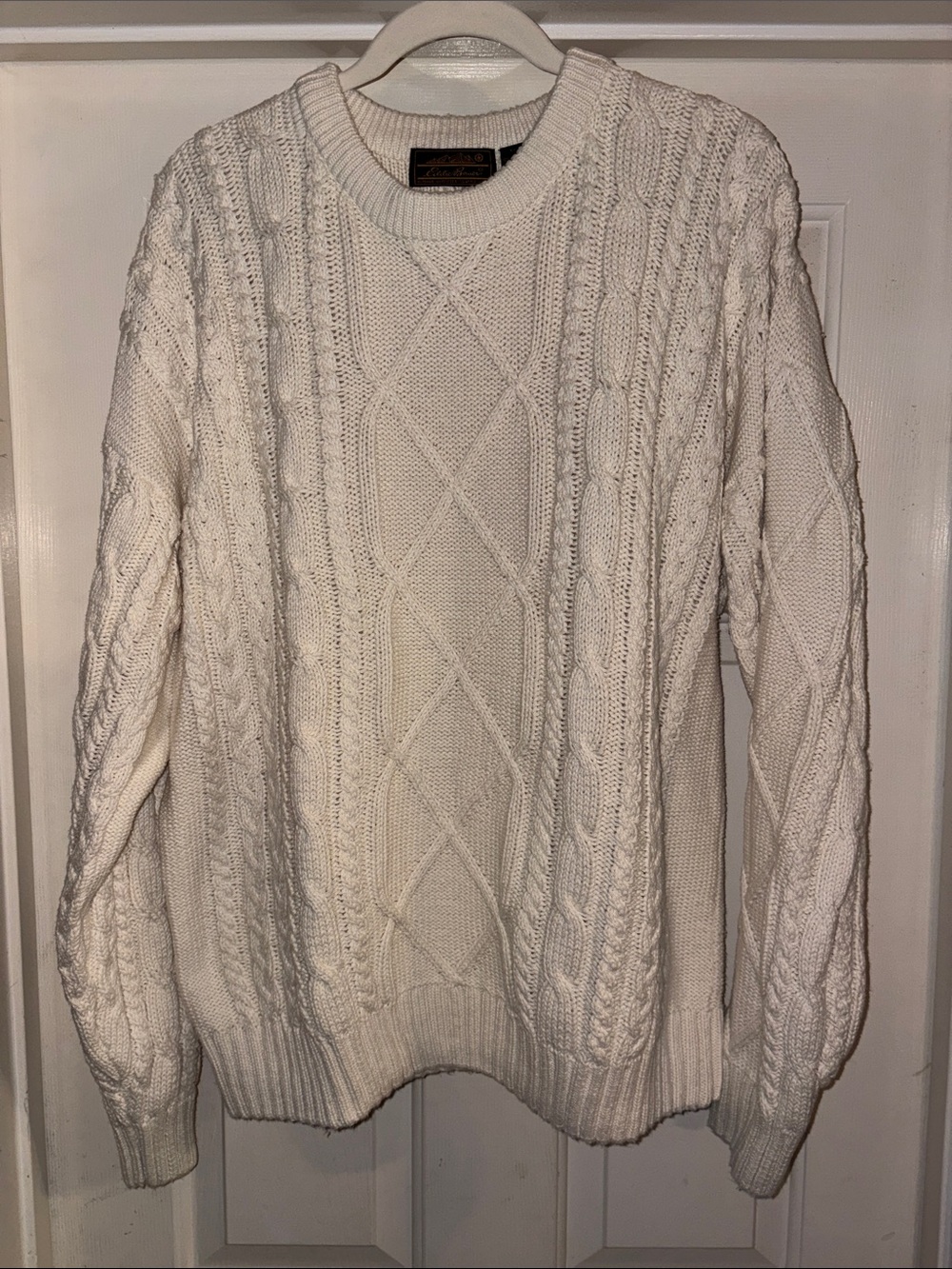 Eddie Bauer 100% Cotton Fisherman Knit Sweater Ivory Cream Cable Knit Vintage